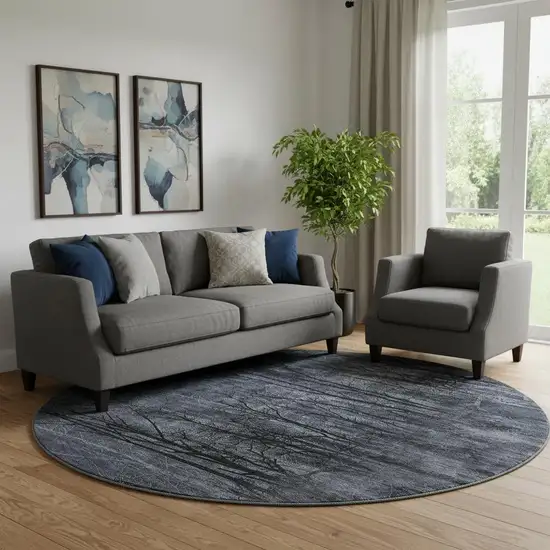 8' Charcoal And Gray Floral Washable Round Rug With UV Protection Photo 2