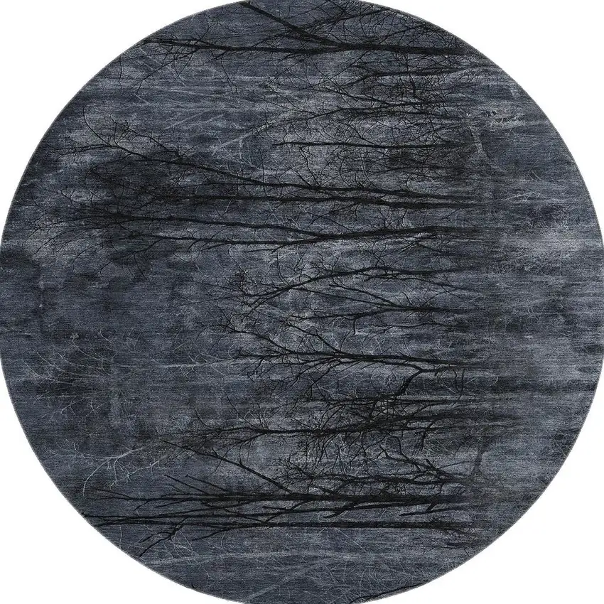 8' Charcoal And Gray Floral Washable Round Rug With UV Protection Photo 3