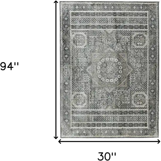 8' Charcoal And Gray Medallion Runner Rug Photo 3