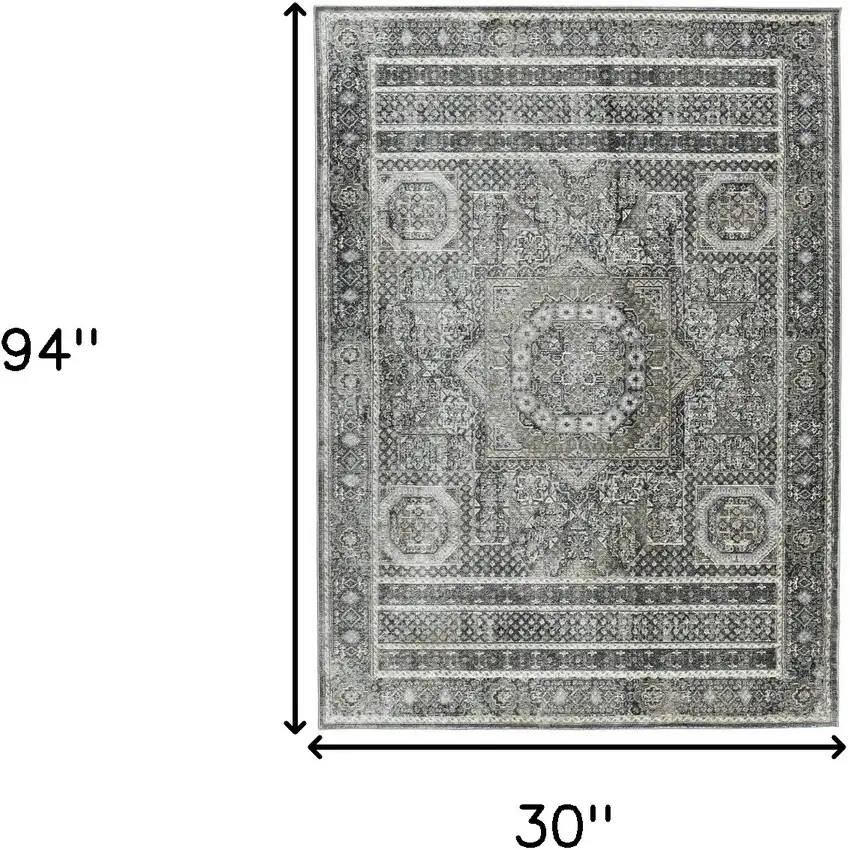 8' Charcoal And Gray Medallion Runner Rug Photo 3