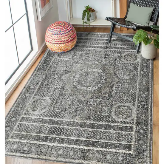 8' Charcoal And Gray Medallion Runner Rug Photo 8