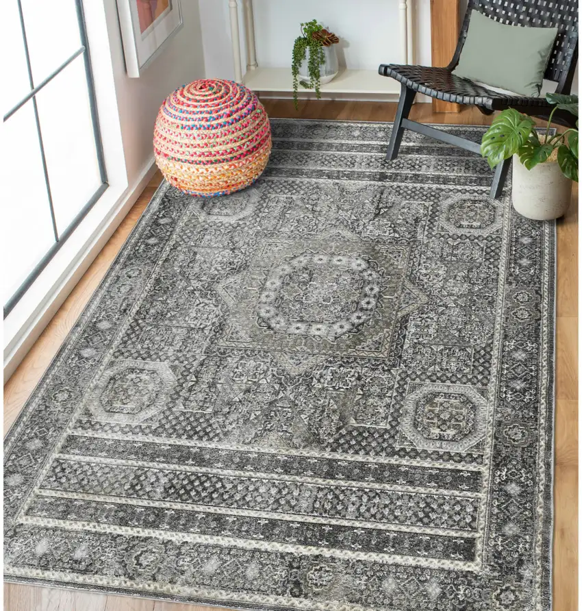 8' Charcoal And Gray Medallion Runner Rug Photo 8