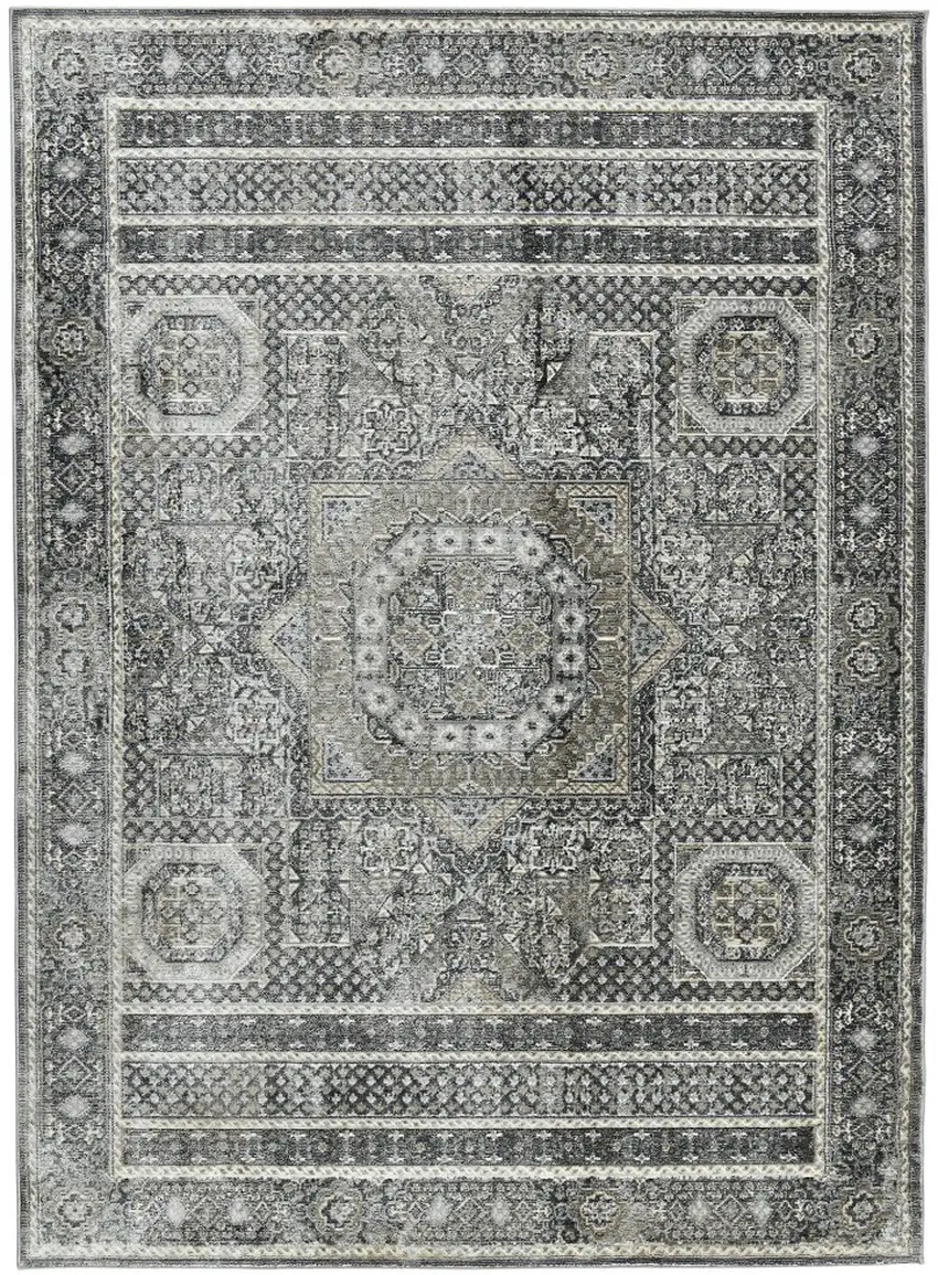 8' Charcoal And Gray Medallion Runner Rug Photo 2