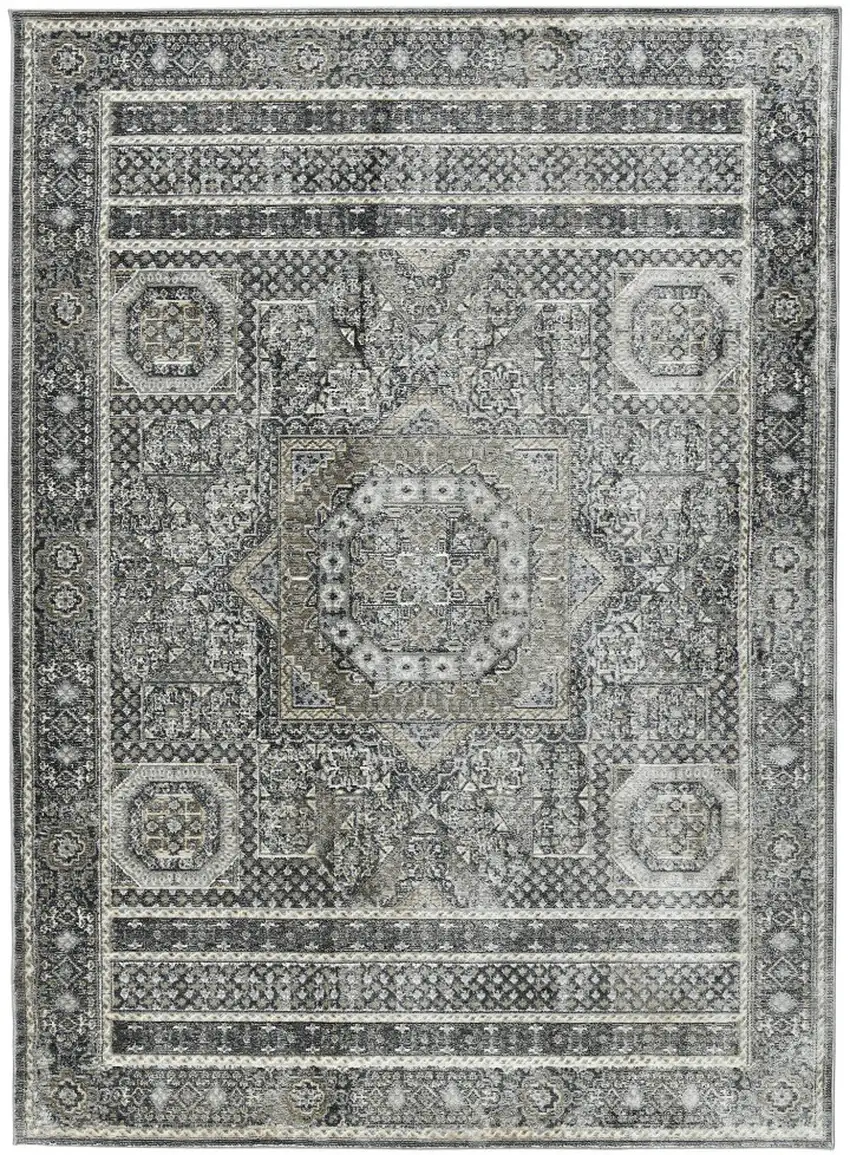 8' Charcoal And Gray Medallion Runner Rug Photo 5