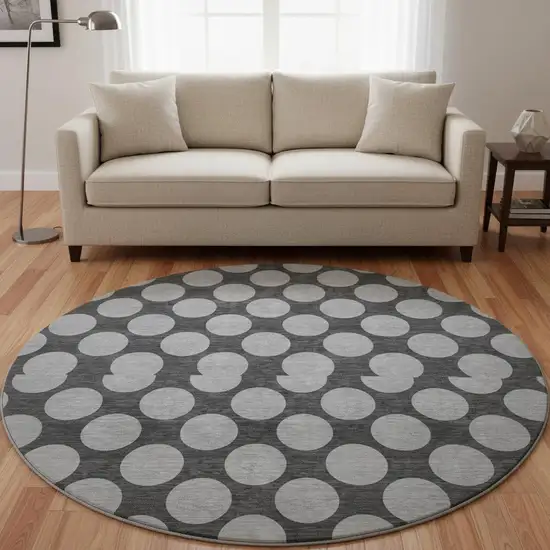 8' Charcoal And Gray Polka Dot Washable Round Rug With UV Protection Photo 2