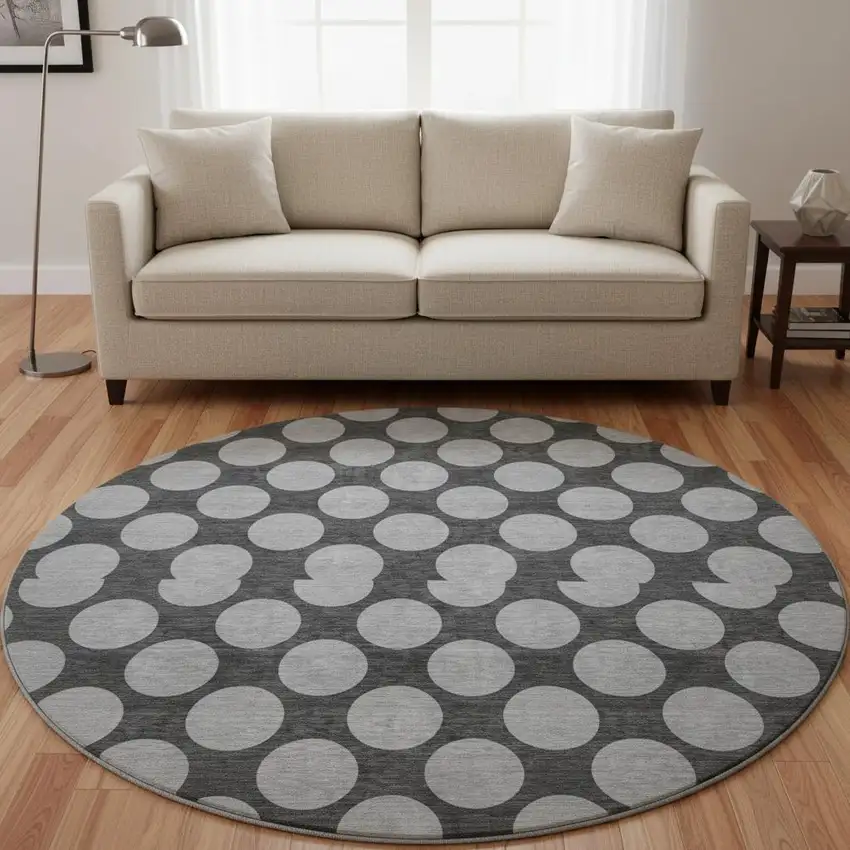 8' Charcoal And Gray Polka Dot Washable Round Rug With UV Protection Photo 2