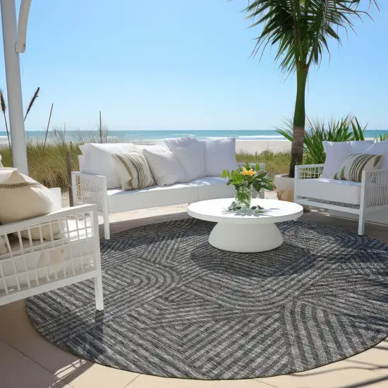 8' Charcoal And Gray Round Abstract Washable Indoor Outdoor Area Rug Photo 6