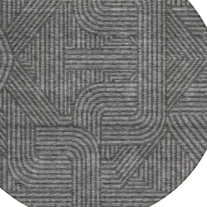 8' Charcoal And Gray Round Abstract Washable Indoor Outdoor Area Rug Photo 4