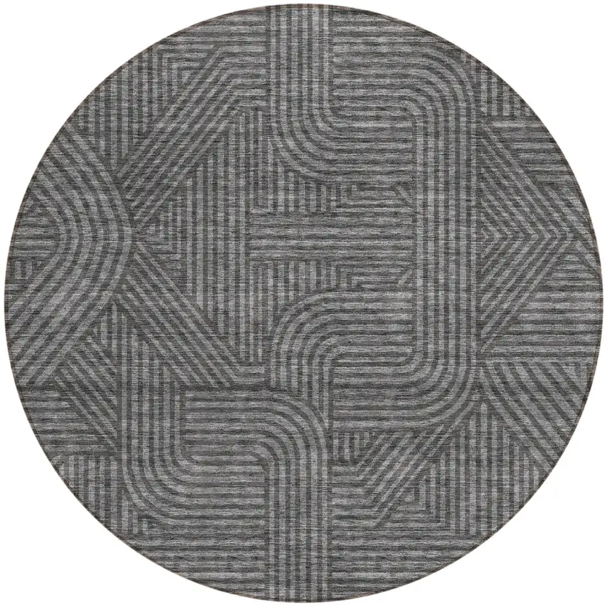 8' Charcoal And Gray Round Abstract Washable Indoor Outdoor Area Rug Photo 2
