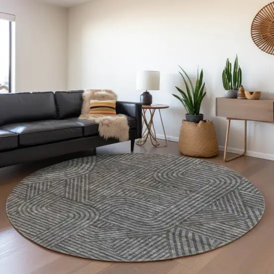 8' Charcoal And Gray Round Abstract Washable Indoor Outdoor Area Rug Photo 7