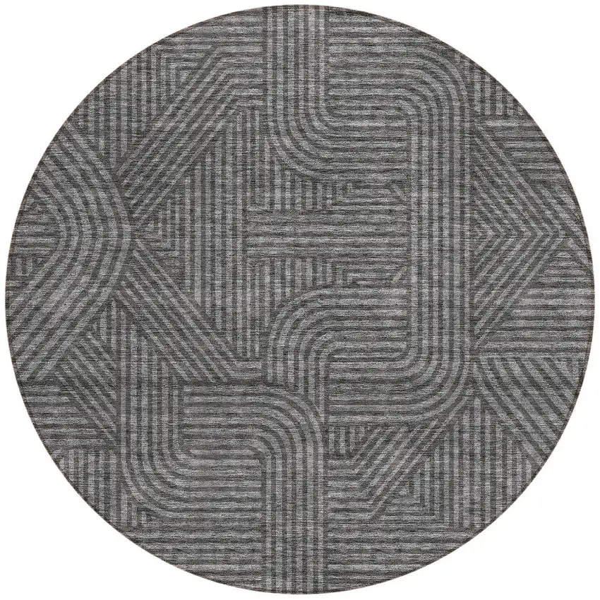 8' Charcoal And Gray Round Abstract Washable Indoor Outdoor Area Rug Photo 5