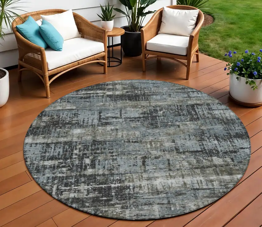 8' Charcoal And Gray Round Geometric Washable Indoor Outdoor Area Rug Photo 2