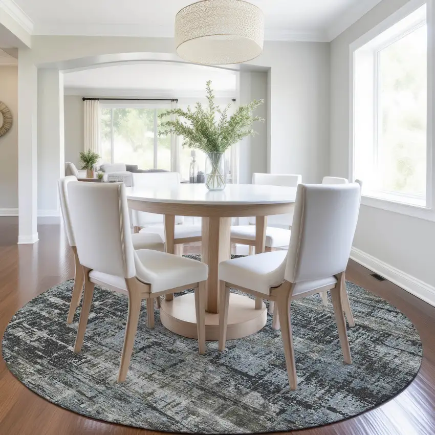 8' Charcoal And Gray Round Geometric Washable Indoor Outdoor Area Rug Photo 6