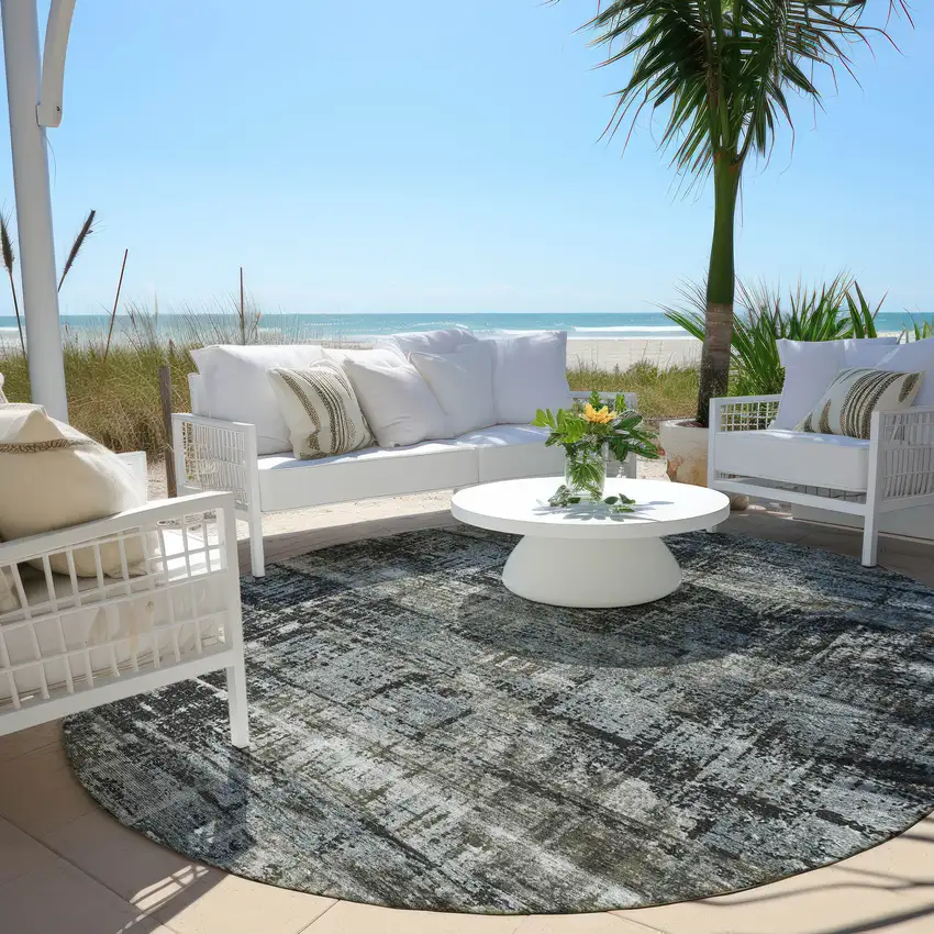 8' Charcoal And Gray Round Geometric Washable Indoor Outdoor Area Rug Photo 5