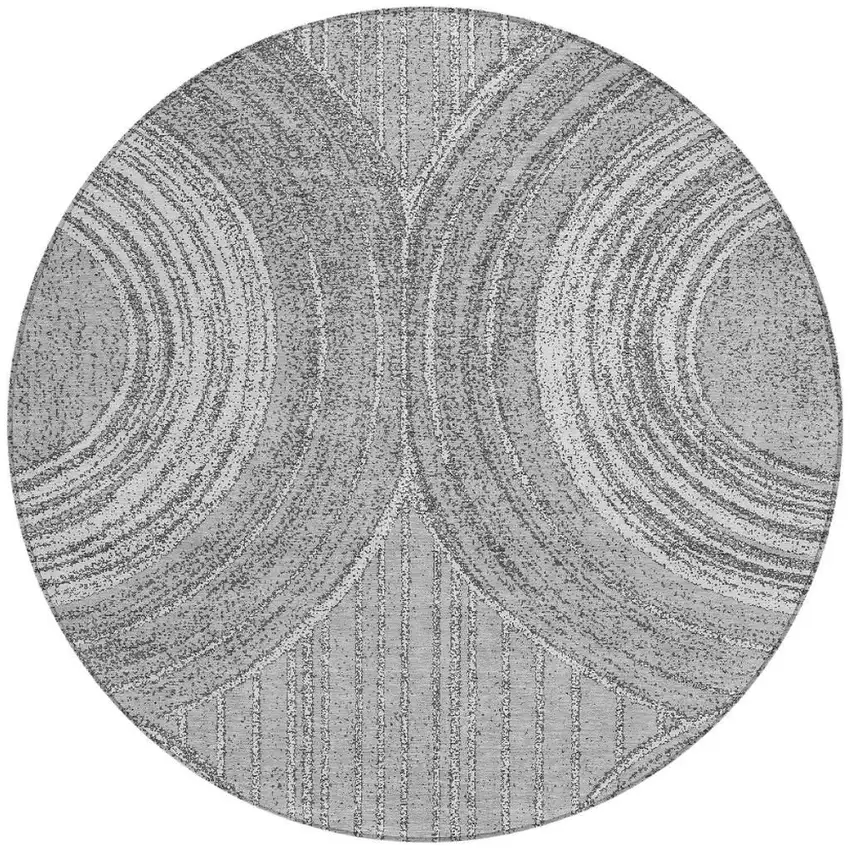8' Charcoal And Gray Round Geometric Washable Indoor Outdoor Area Rug Photo 3