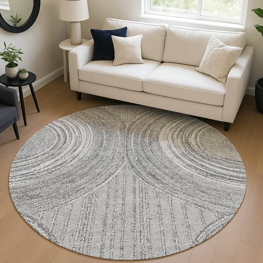 8' Charcoal And Gray Round Geometric Washable Indoor Outdoor Area Rug Photo 5