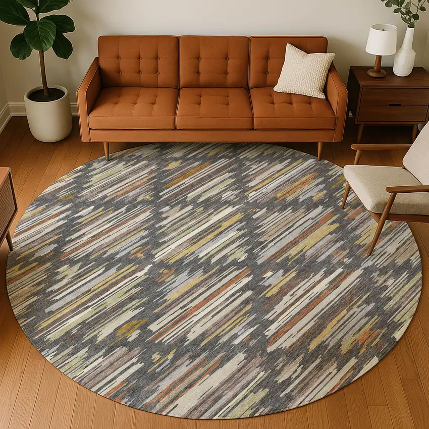 8' Charcoal And Gray Round Southwestern Washable Indoor Outdoor Area Rug Photo 5