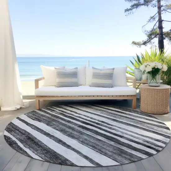 8' Charcoal And Gray Round Striped Washable Indoor Outdoor Area Rug Photo 6