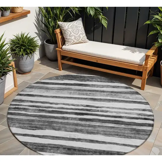 8' Charcoal And Gray Round Striped Washable Indoor Outdoor Area Rug Photo 1