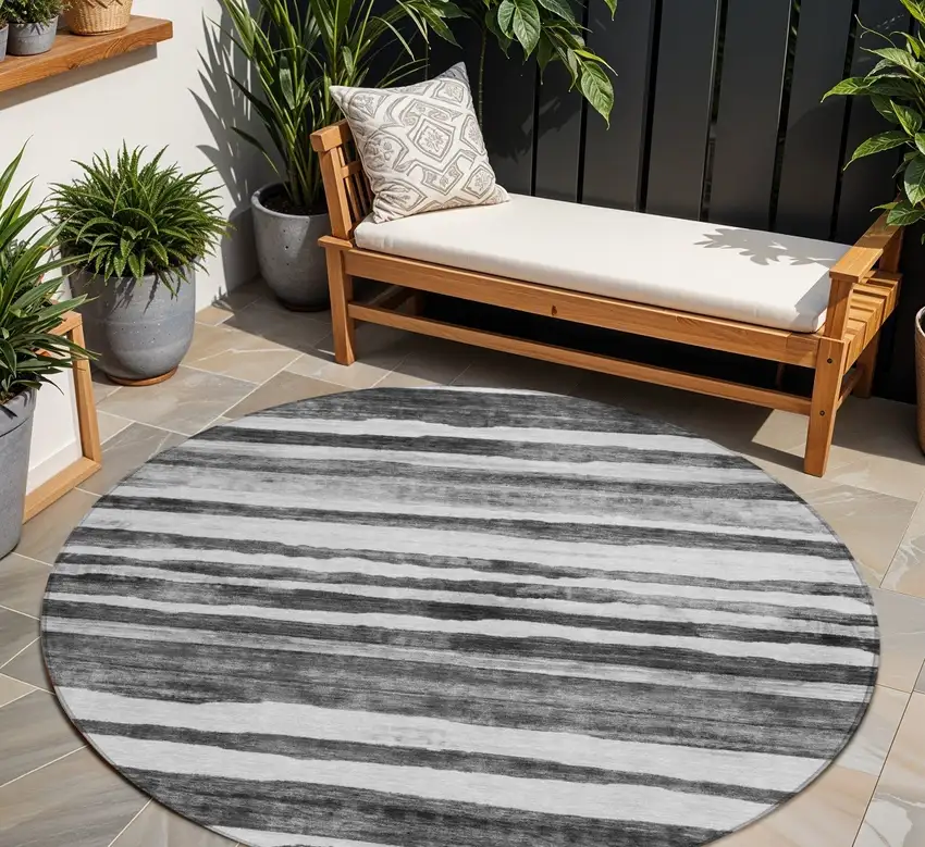 8' Charcoal And Gray Round Striped Washable Indoor Outdoor Area Rug Photo 1