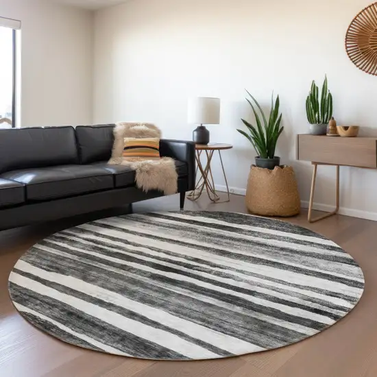 8' Charcoal And Gray Round Striped Washable Indoor Outdoor Area Rug Photo 7