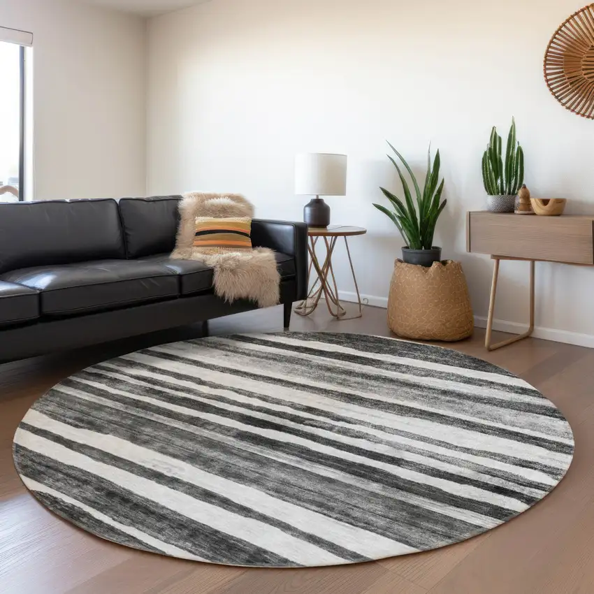 8' Charcoal And Gray Round Striped Washable Indoor Outdoor Area Rug Photo 7