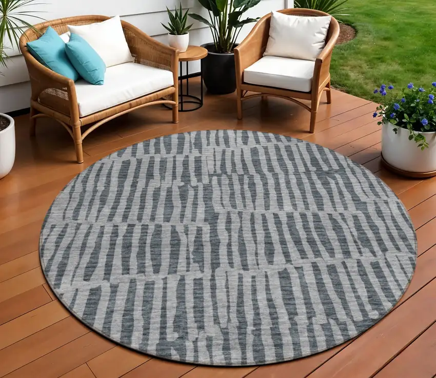 8' Charcoal And Gray Round Striped Washable Indoor Outdoor Area Rug Photo 1