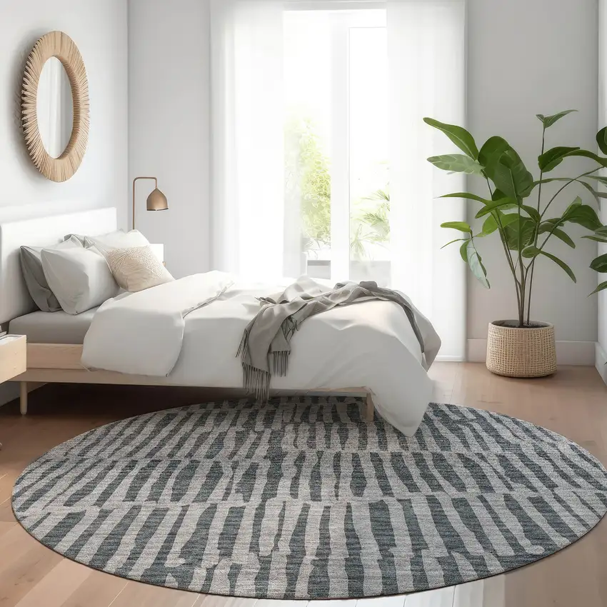 8' Charcoal And Gray Round Striped Washable Indoor Outdoor Area Rug Photo 6