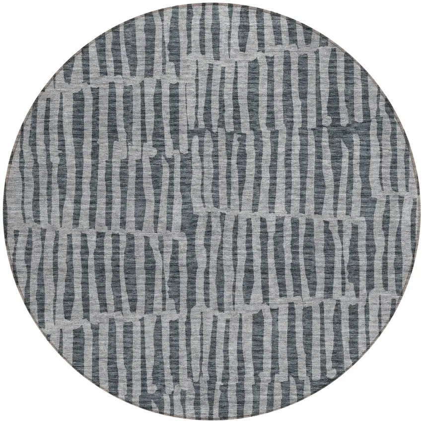 8' Charcoal And Gray Round Striped Washable Indoor Outdoor Area Rug Photo 2