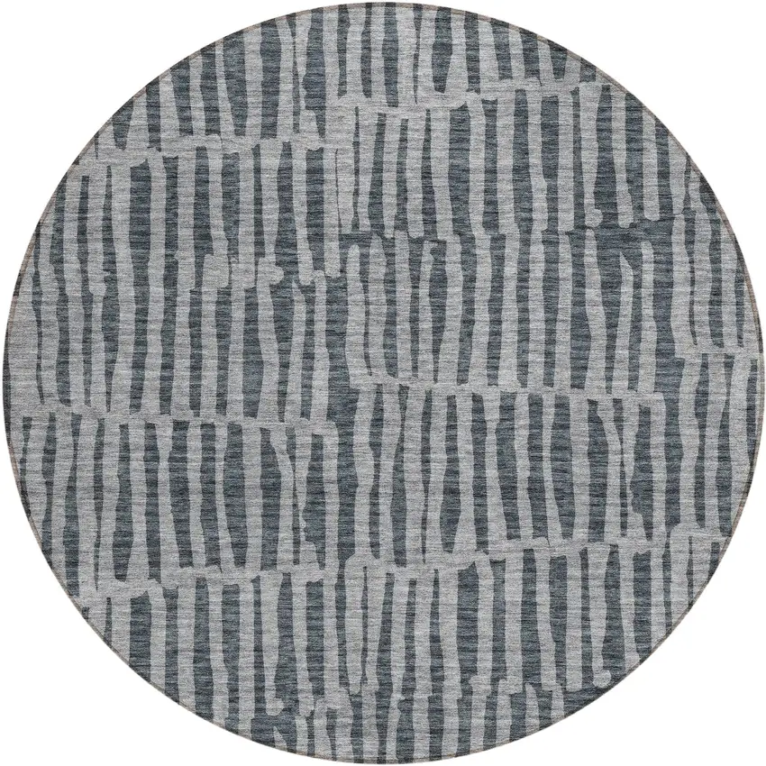 8' Charcoal And Gray Round Striped Washable Indoor Outdoor Area Rug Photo 2