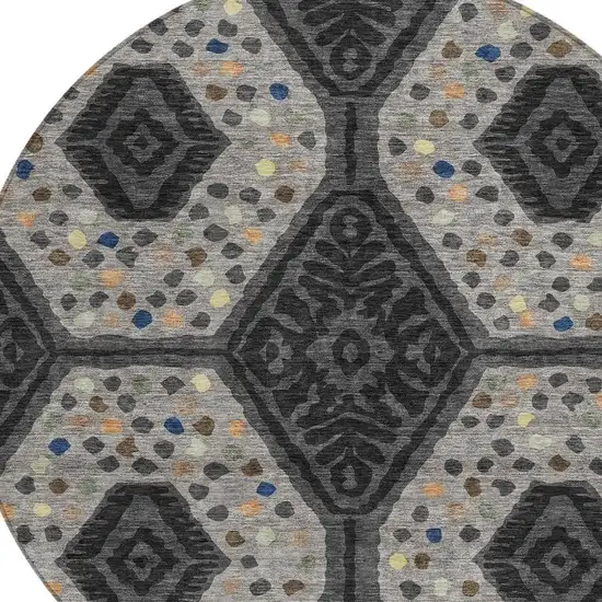 8' Charcoal And Gray Round Tribal Washable Indoor Outdoor Area Rug Photo 2