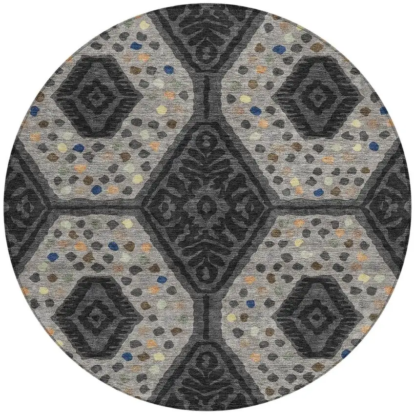 8' Charcoal And Gray Round Tribal Washable Indoor Outdoor Area Rug Photo 3