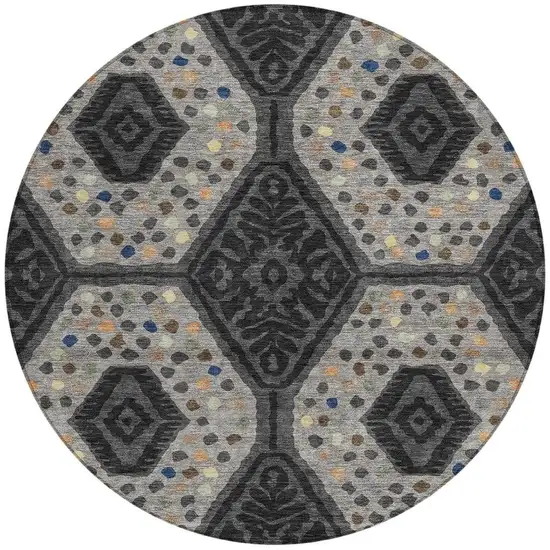 8' Charcoal And Gray Round Tribal Washable Indoor Outdoor Area Rug Photo 3