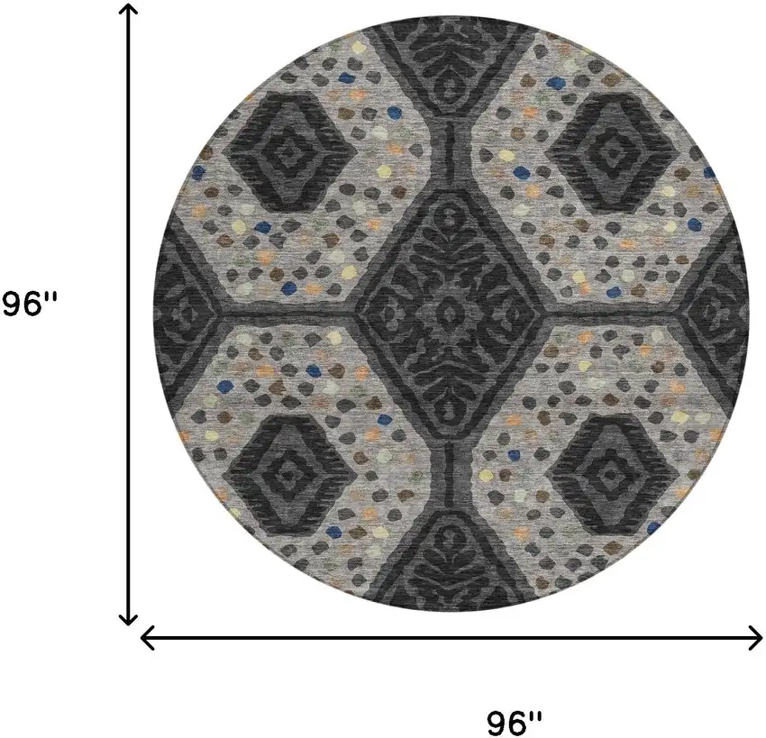 8' Charcoal And Gray Round Tribal Washable Indoor Outdoor Area Rug Photo 8