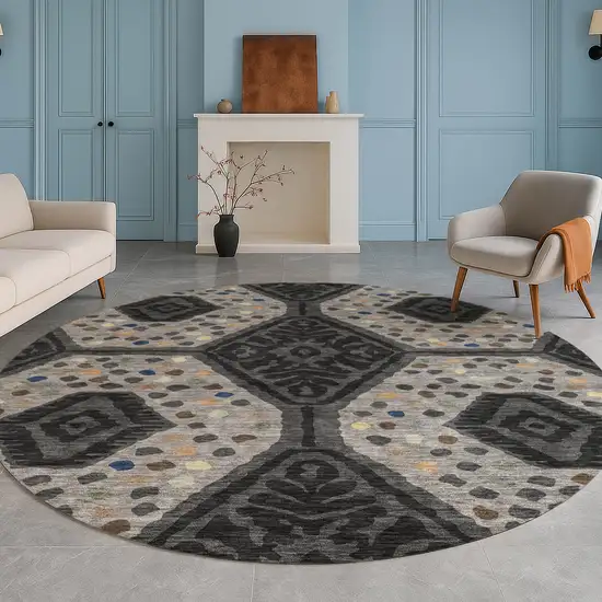 8' Charcoal And Gray Round Tribal Washable Indoor Outdoor Area Rug Photo 5
