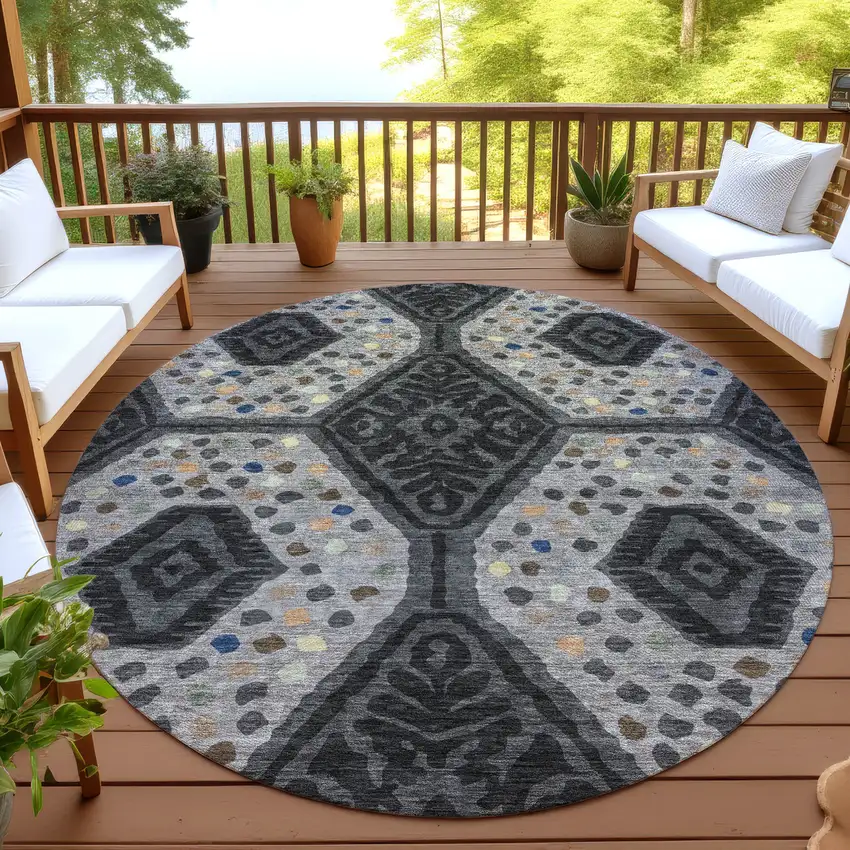 8' Charcoal And Gray Round Tribal Washable Indoor Outdoor Area Rug Photo 4