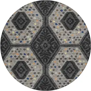 Photo of 8' Charcoal And Gray Round Tribal Washable Indoor Outdoor Area Rug