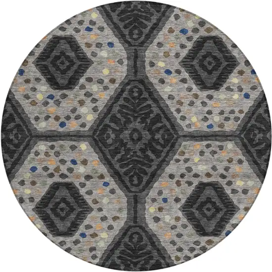 8' Charcoal And Gray Round Tribal Washable Indoor Outdoor Area Rug Photo 1
