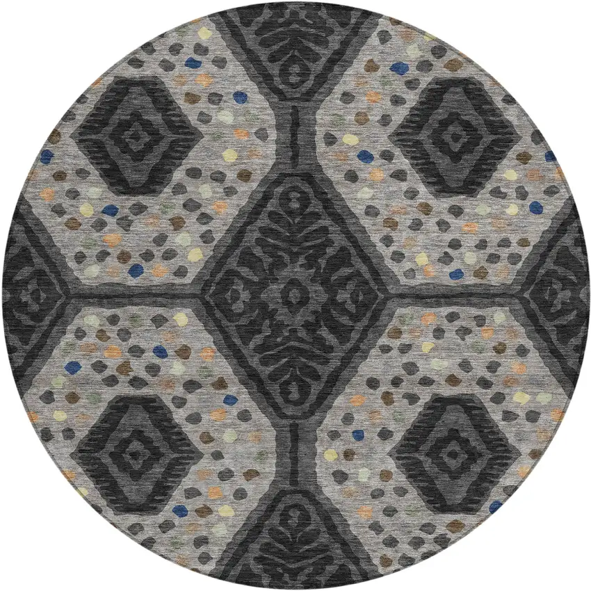 8' Charcoal And Gray Round Tribal Washable Indoor Outdoor Area Rug Photo 1