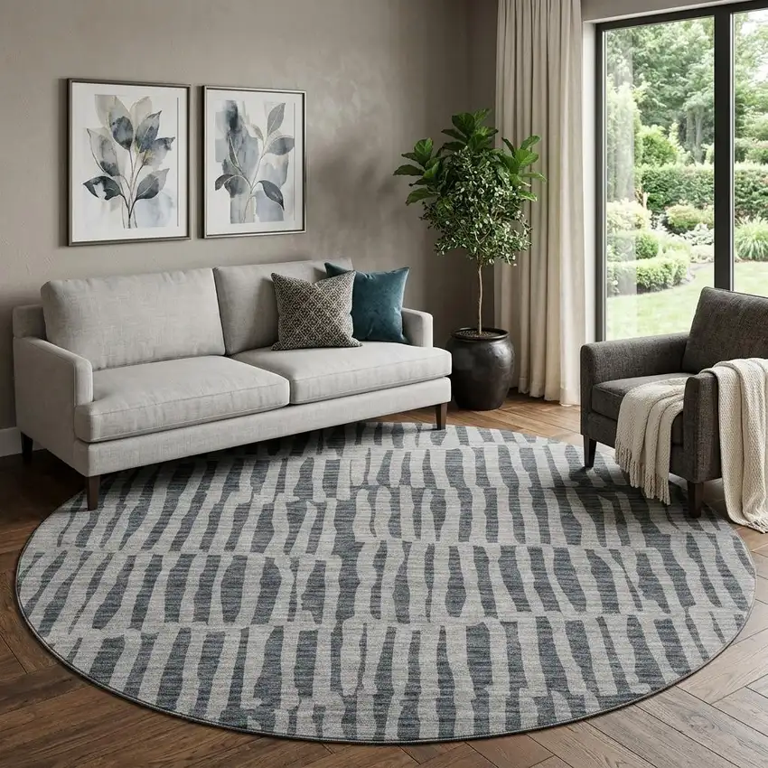 8' Charcoal And Gray Striped Washable Round Rug With UV Protection Photo 1