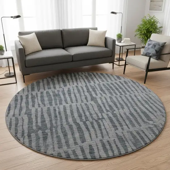 8' Charcoal And Gray Striped Washable Round Rug With UV Protection Photo 2