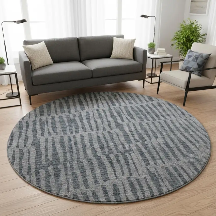 8' Charcoal And Gray Striped Washable Round Rug With UV Protection Photo 2