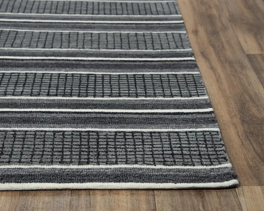 8' Charcoal And Gray Wool Striped Hand Tufted Area Rug Photo 2