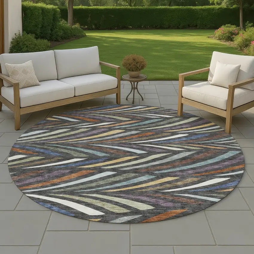 8' Charcoal And Green Round Abstract Washable Indoor Outdoor Area Rug Photo 4