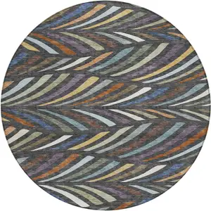 Photo of 8' Charcoal And Green Round Abstract Washable Indoor Outdoor Area Rug