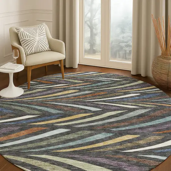 8' Charcoal And Green Round Abstract Washable Indoor Outdoor Area Rug Photo 5