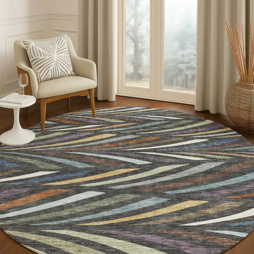 8' Charcoal And Green Round Abstract Washable Indoor Outdoor Area Rug Photo 5