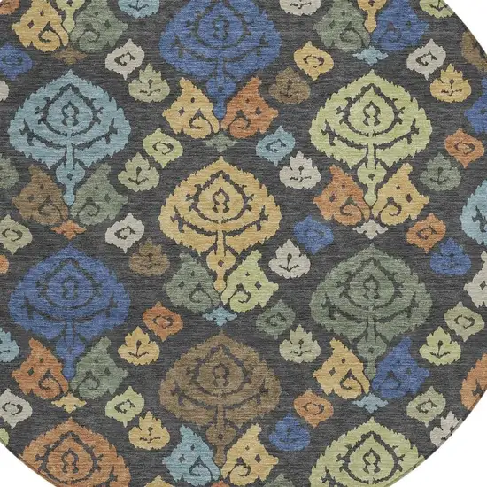 8' Charcoal And Green Round Damask Washable Indoor Outdoor Area Rug Photo 2