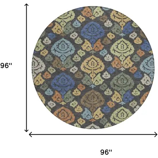 8' Charcoal And Green Round Damask Washable Indoor Outdoor Area Rug Photo 8