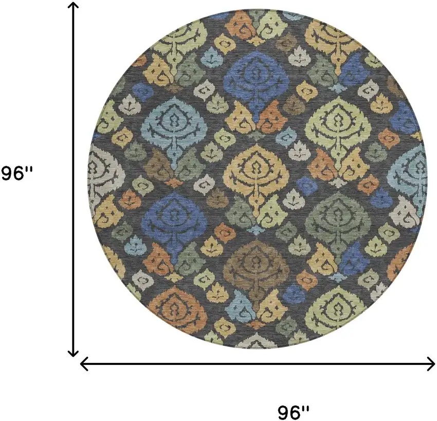 8' Charcoal And Green Round Damask Washable Indoor Outdoor Area Rug Photo 8